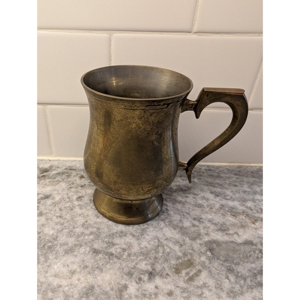 Vintage Brass Mug Etched Square-Top Thumb Rest Curved Cup Patina‎ Made in India